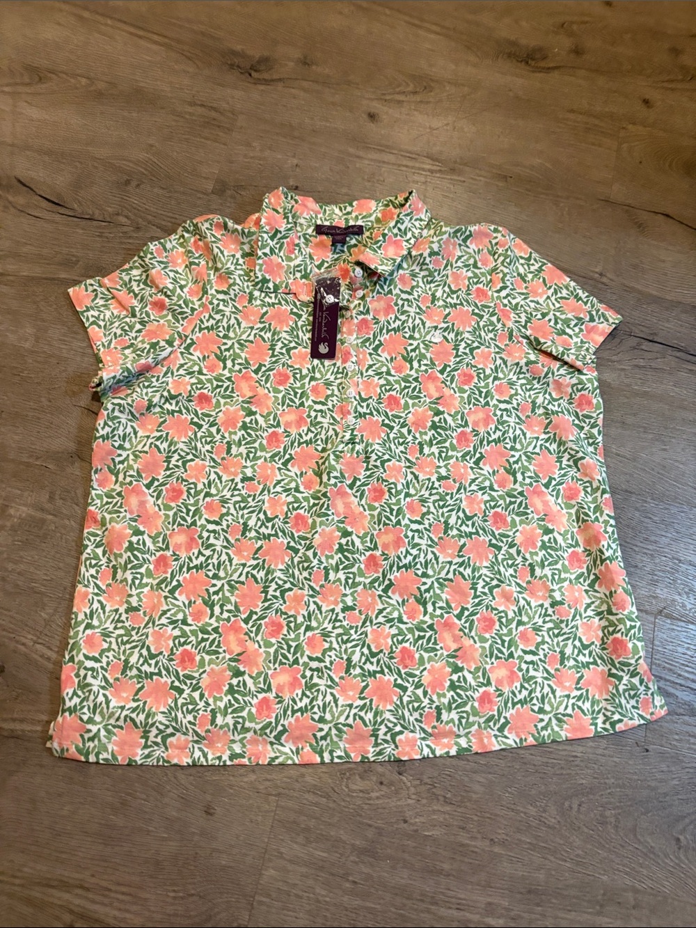 Gloria Vanderbilt Coral Pink & Green Floral Polo Top
